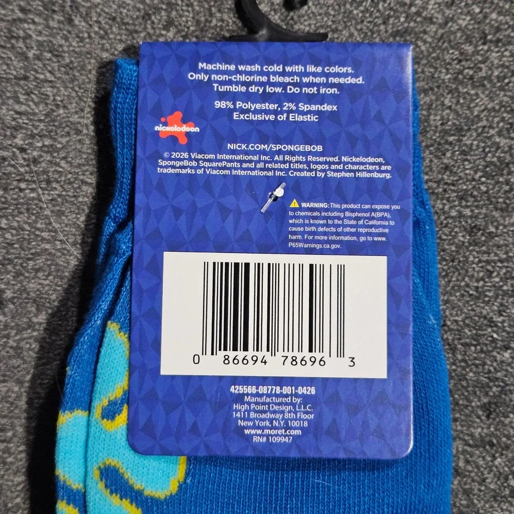 Nickelodeon SpongeBob SquarePants Blue Crew Socks Mens Shoe Size 6.5-12